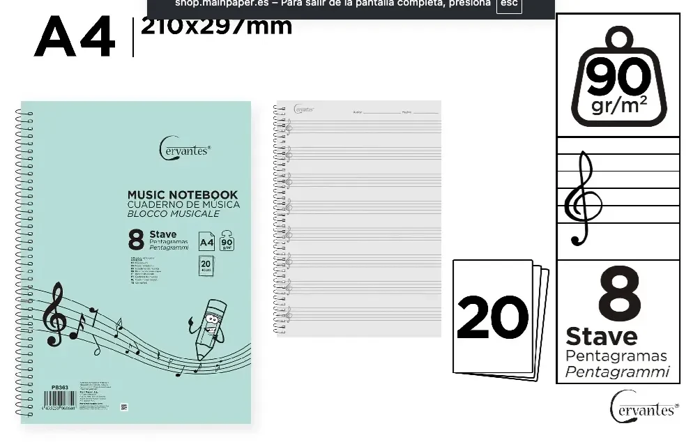 CUADERNO DE MÚSICA Cervantes 8 PENTAGRAMAS A4 CERV1