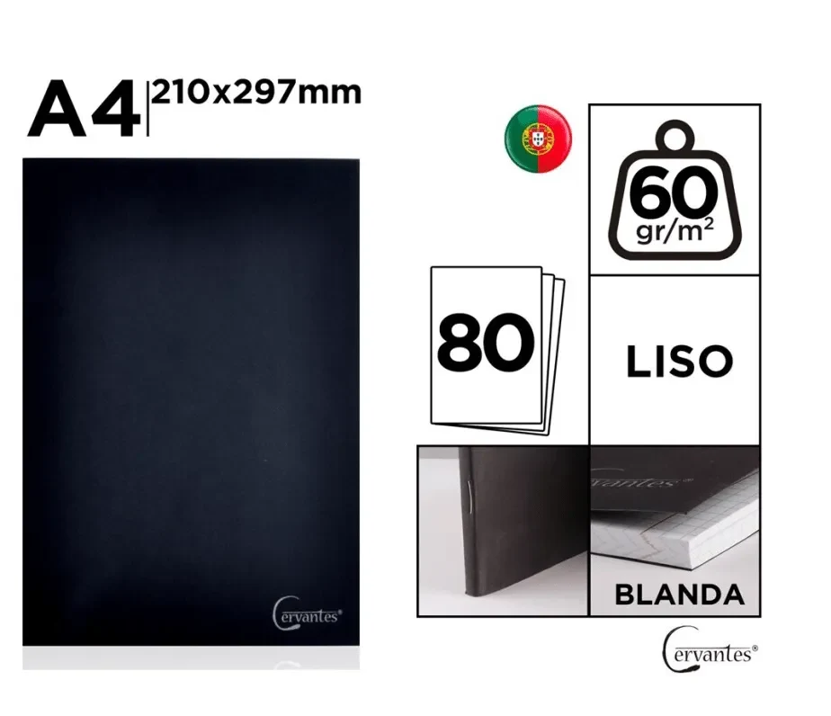 Cuaderno Cuadriculado Tapa Blanda X 80 Hjs /60Gr A4 Marca Cervantes Color Negro (MP)1