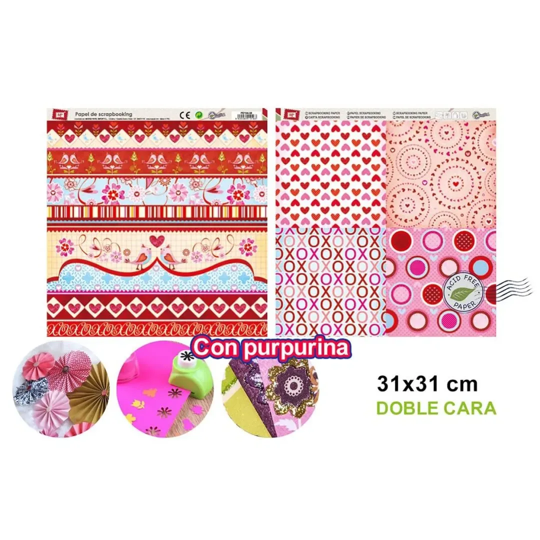 Papel Scrapbooking Doble Cara Corazones/Pajaritos/Glitter1