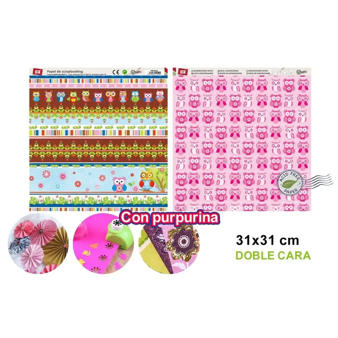 Papel De Scrapbooking Doble Cara Buhos Con Glitter1
