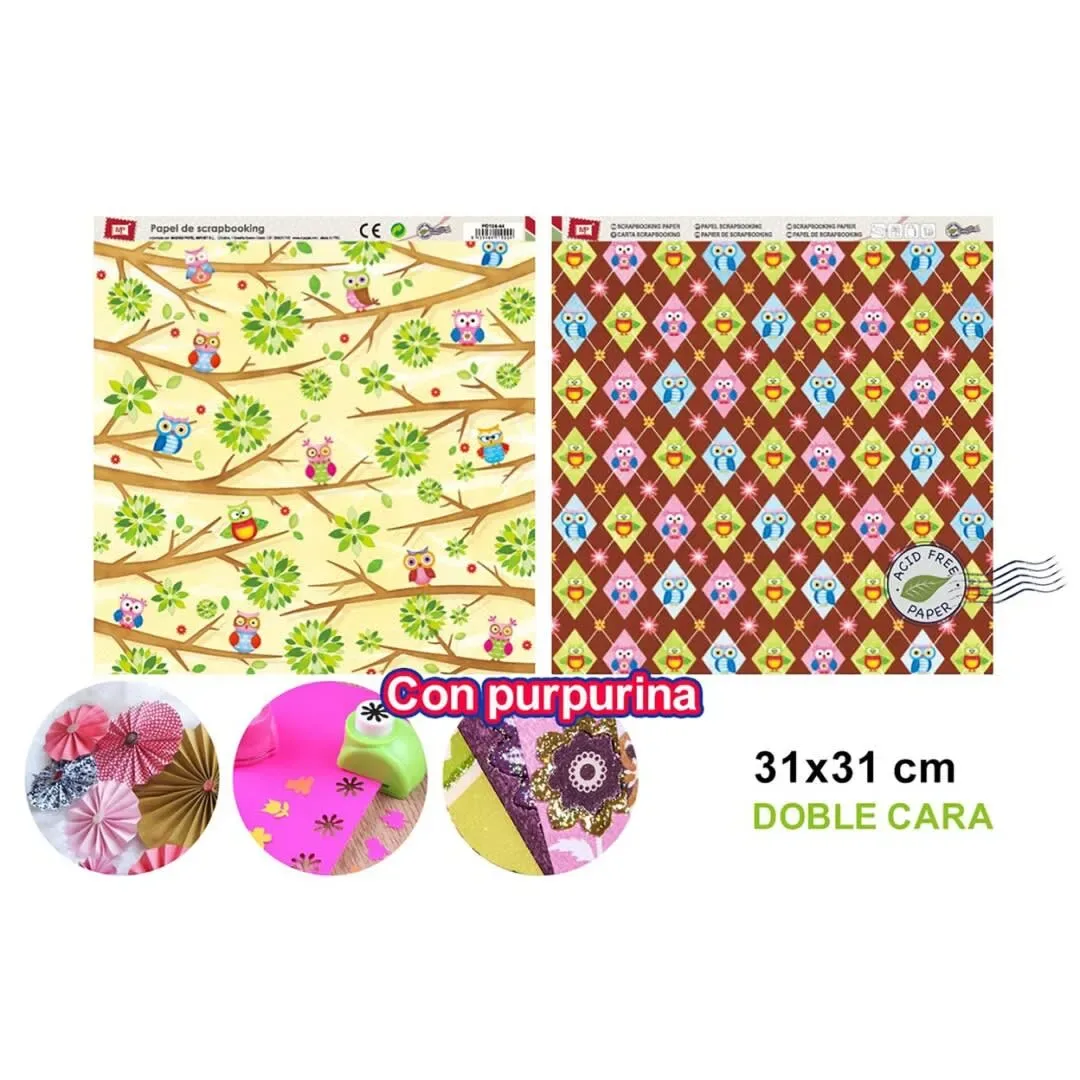 Papel De Scrapbooking Doble Cara Buhos Variados Y Glitter i1