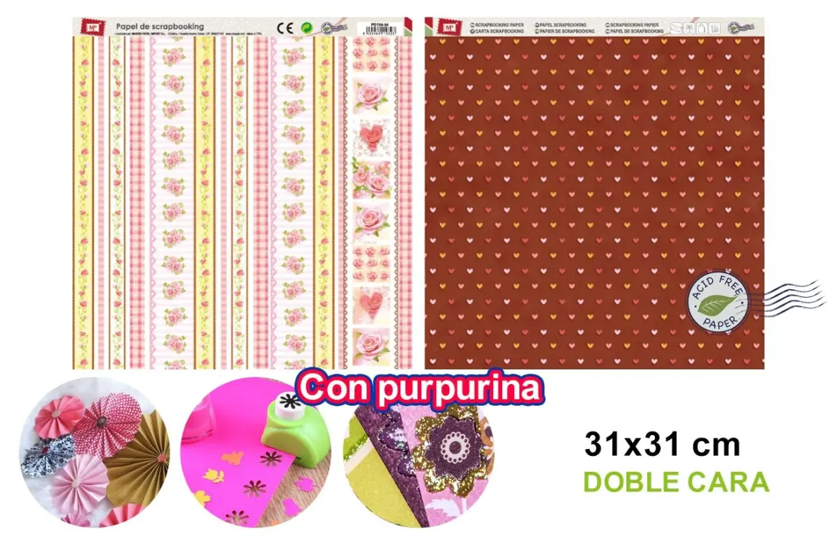 Papel De Scrapbooking Doble Cara Rosas/Corazones+Glitter1