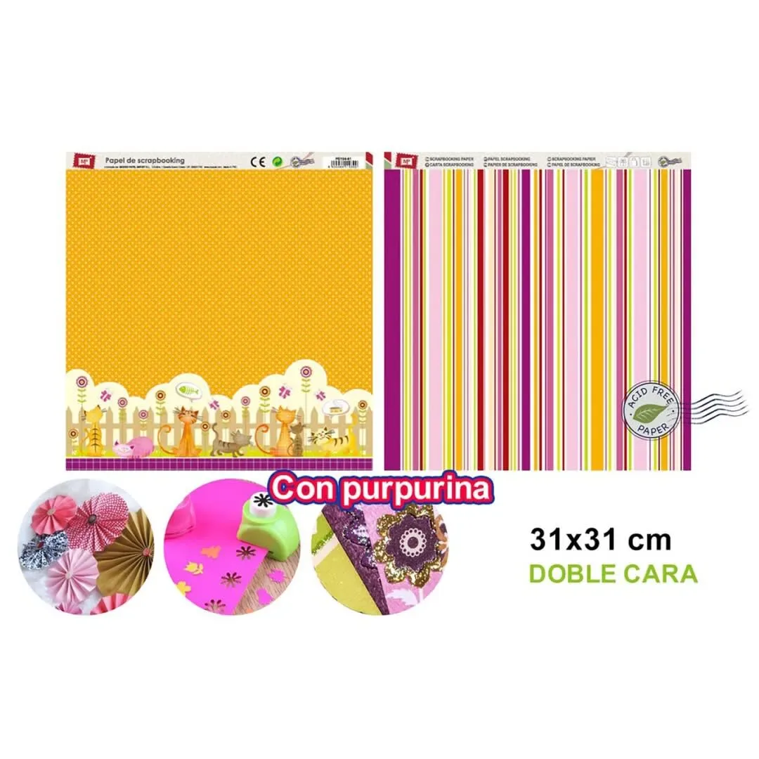 Papel De Scrapbooking Doble Cara Gatos/Lineas + Glitter d1