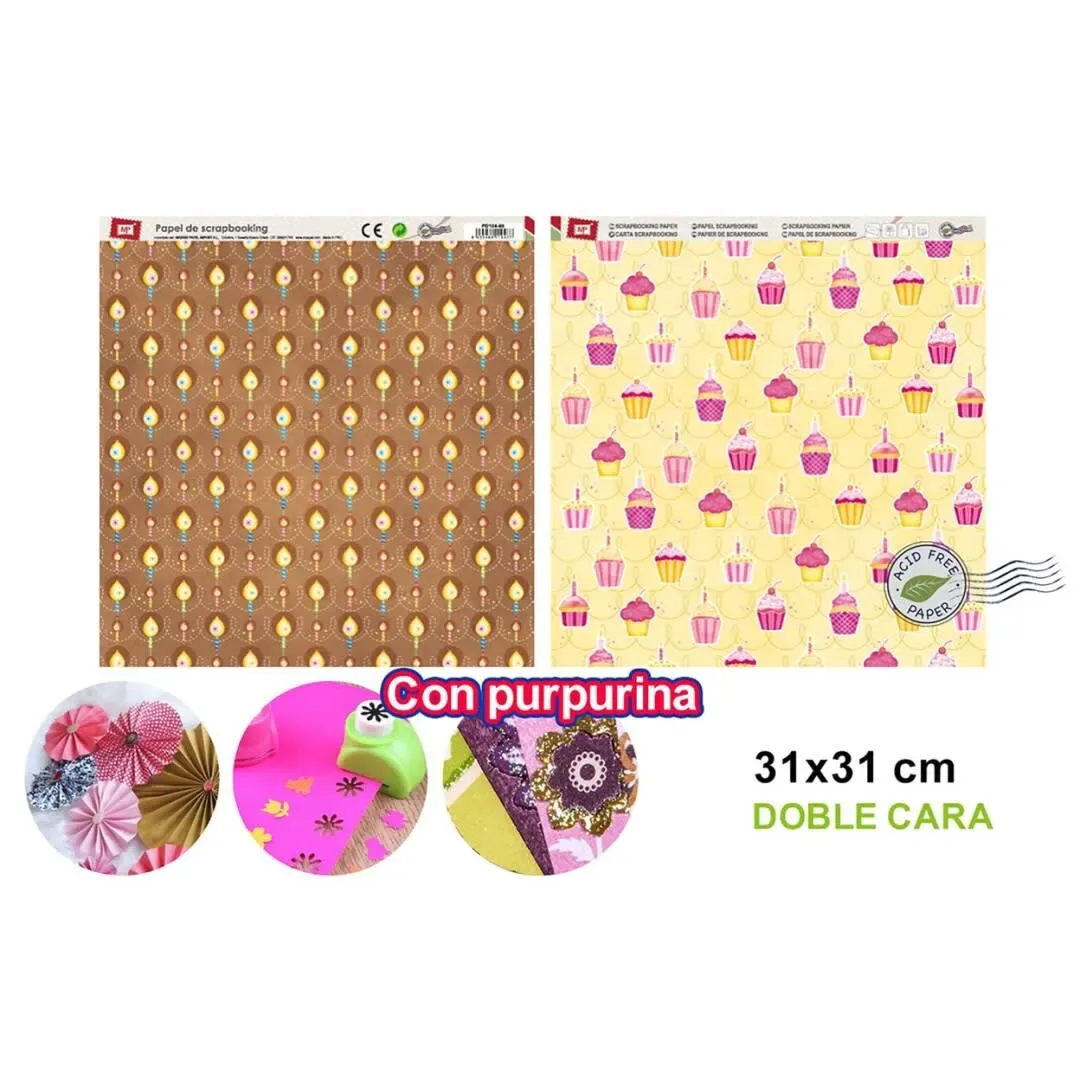 Papel De Scrapbooking Doble Cara Velas/Cupcakes+Glitter d1