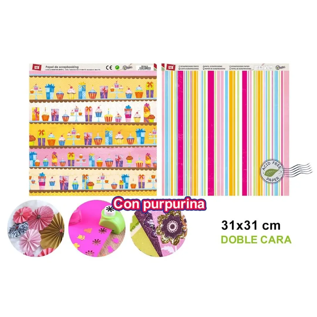 Papel De Scrapbooking Doble Cara Pastelitos/Lineas+Glitter1