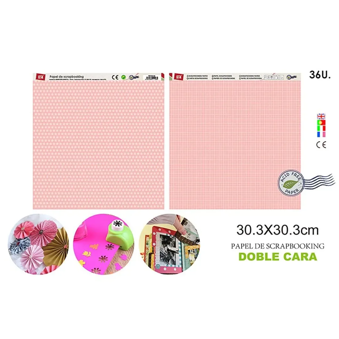 Papel Scrapbooking Doble Cara Estrellas/Cuadros Rosado Past1