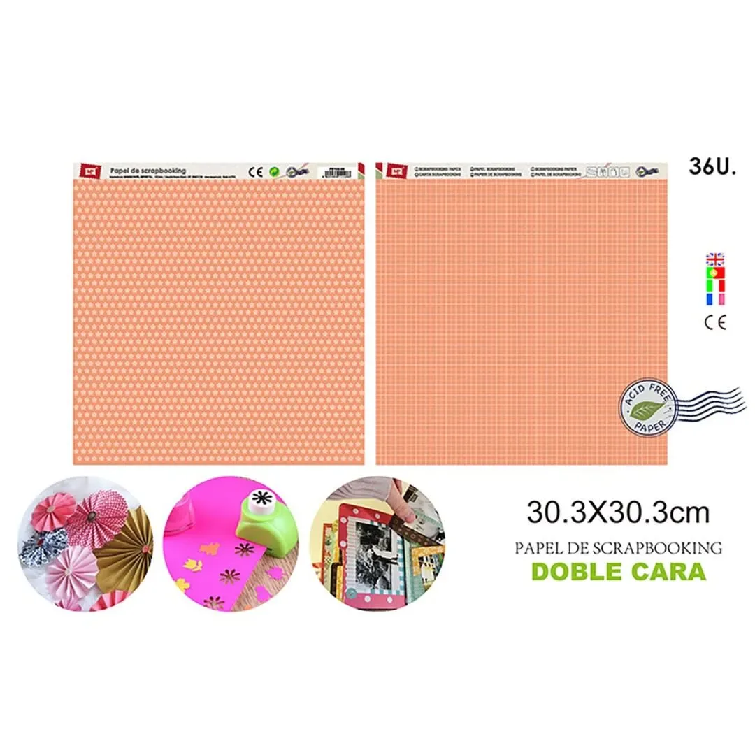 Papel Scrapbooking Doble Cara Estrellas/Cuadros Naranjo P1