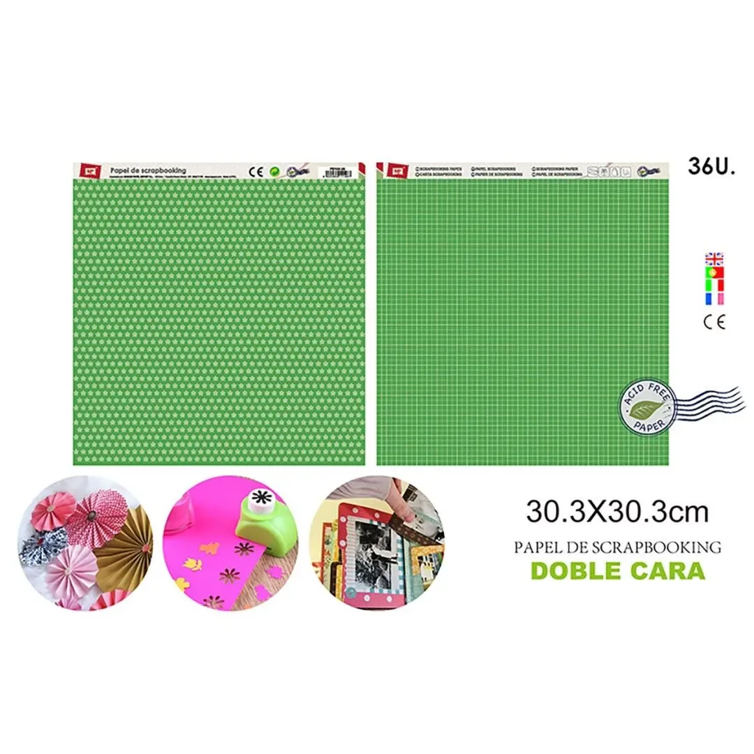 Papel De Scrapbooking Doble Cara Estrellas/Cuadros Verde1