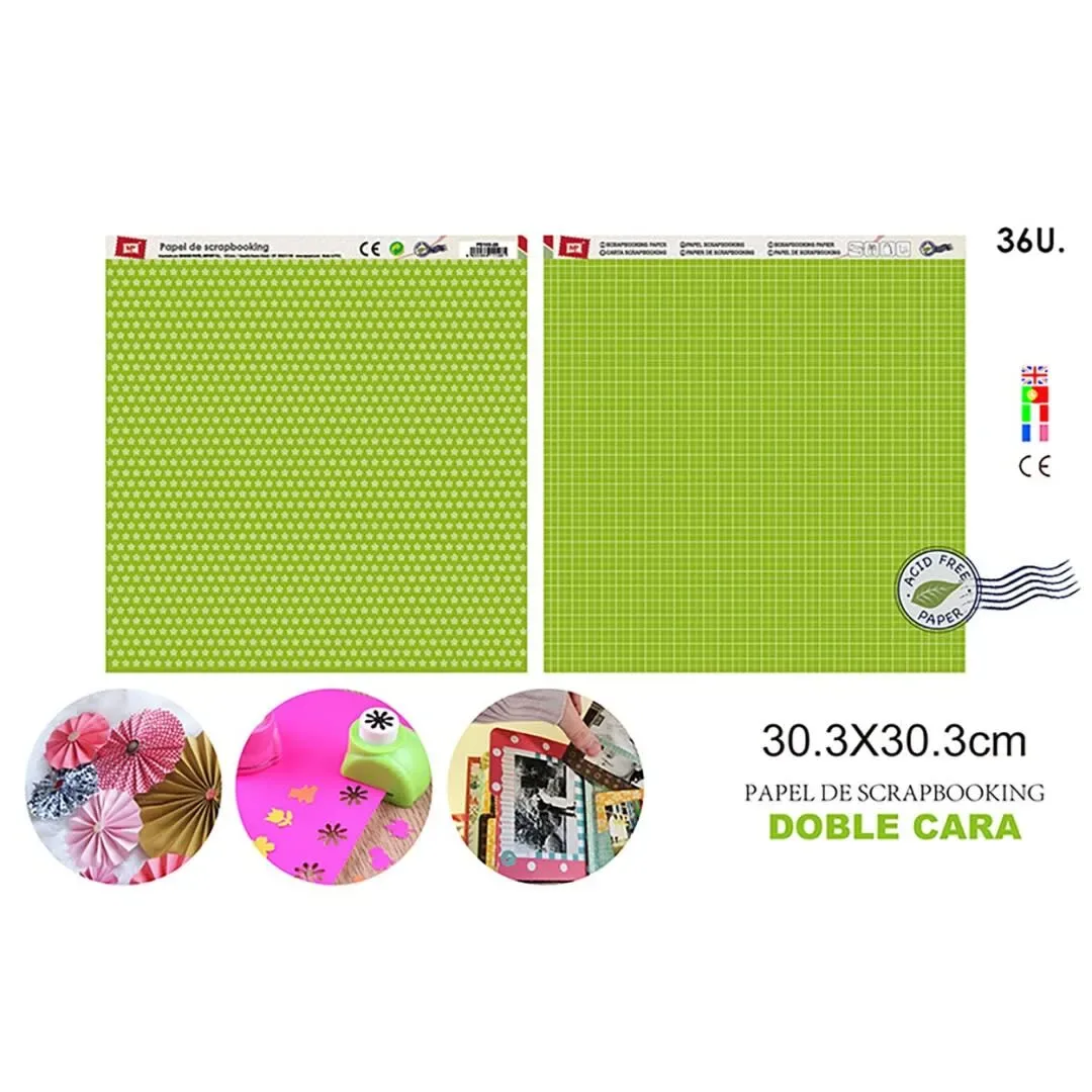 Papel Scrapbooking Doble Cara Estrellas/Cuadros Verde Manza1