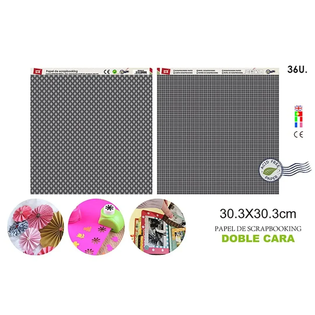 Papel De Scrapbooking Doble Cara Estrellas/Lineas Gris1