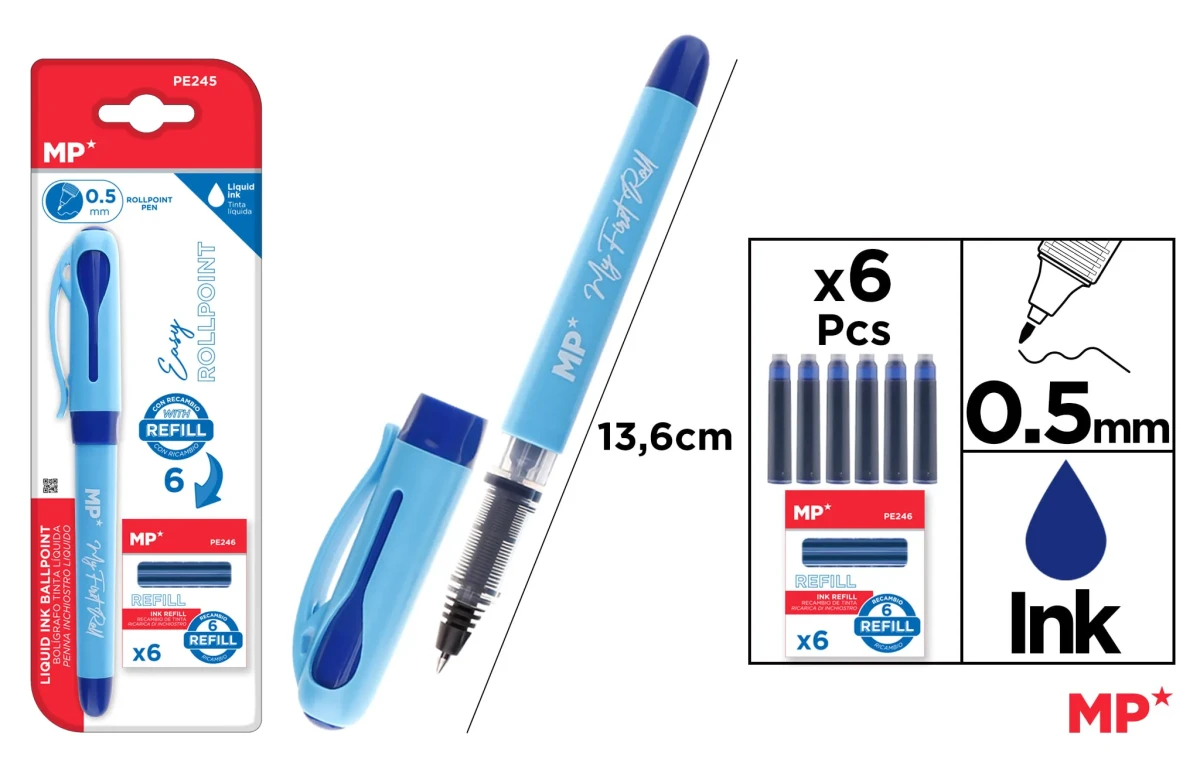 Bolígrafo Tinta Liquida Punta Ball Azul + 6 Repuestos Azul1