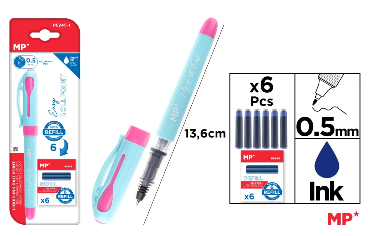 Bolígrafo Tinta Liquida Punta Ball Azul + 6 Repuestos Rosa1