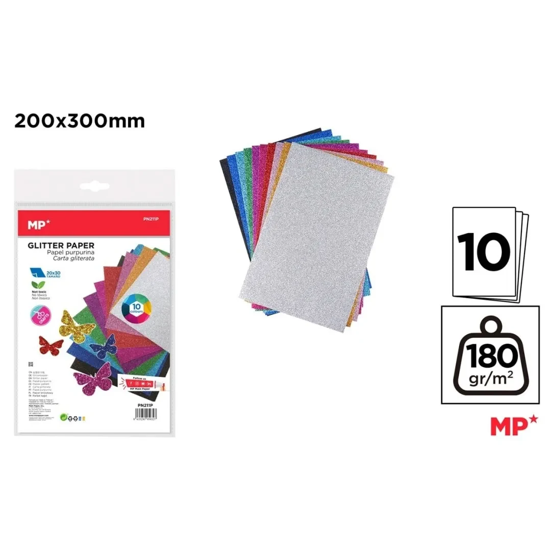 Blister De Hojas Tipo Carta Con Glitter 20x30cm X 10 Colores Marca Madrid Papel Color Variado(MP)1