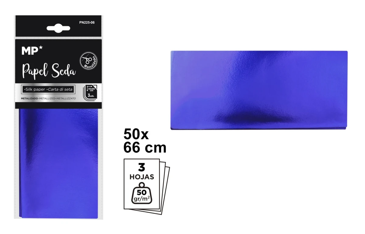 Pliego De Papel Seda 50cmX66cm X 3Uds Marca Madrid Papel Color Azul Metalizado (MP)1