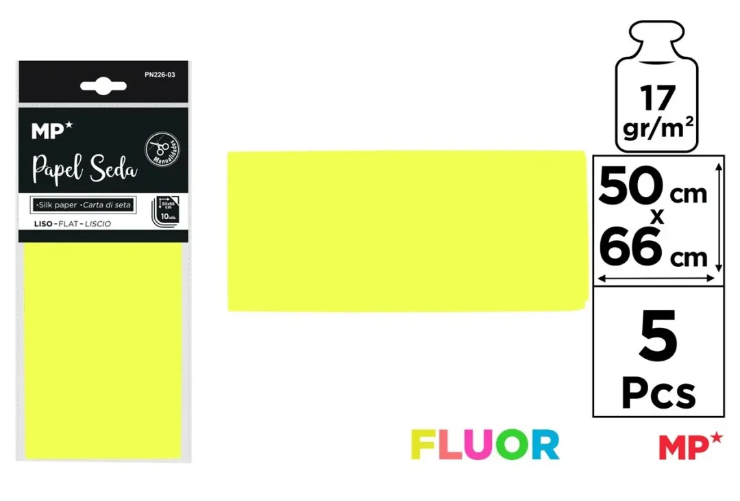 Pliego De Papel Seda 50cmX66cm X 5Uds Marca Madrid Papel Color Amarillo Neon (MP)1