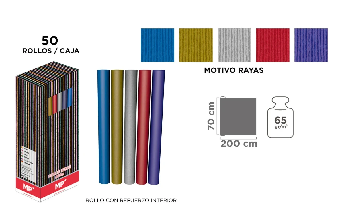Pliego De Papel De Regalo Con Rayas 2mX70m Marca Madrid Papel Color Variado(MP)1