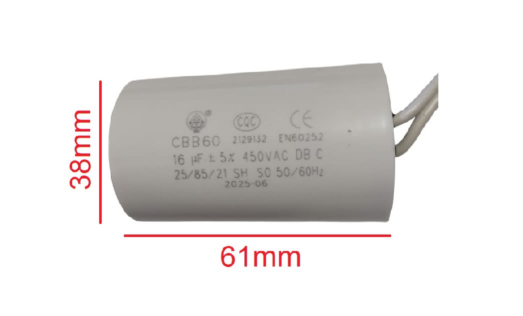 Condensador Cilíndrico CBB60 16uF 450VAC 50/60Hz3