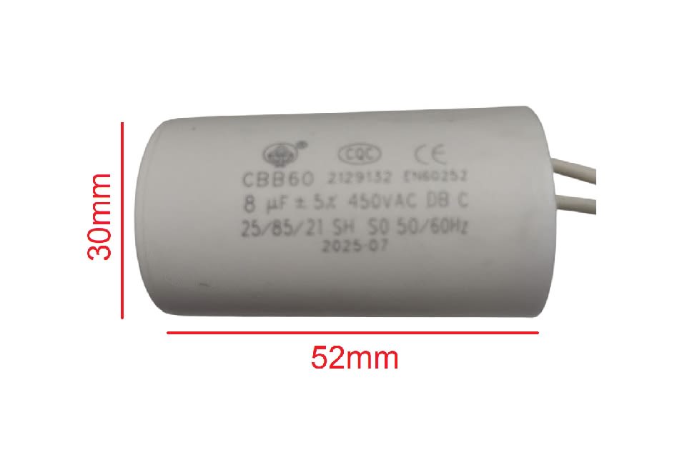 Condensador Cilíndrico CBB60 8uF 450VAC 50/60Hz3