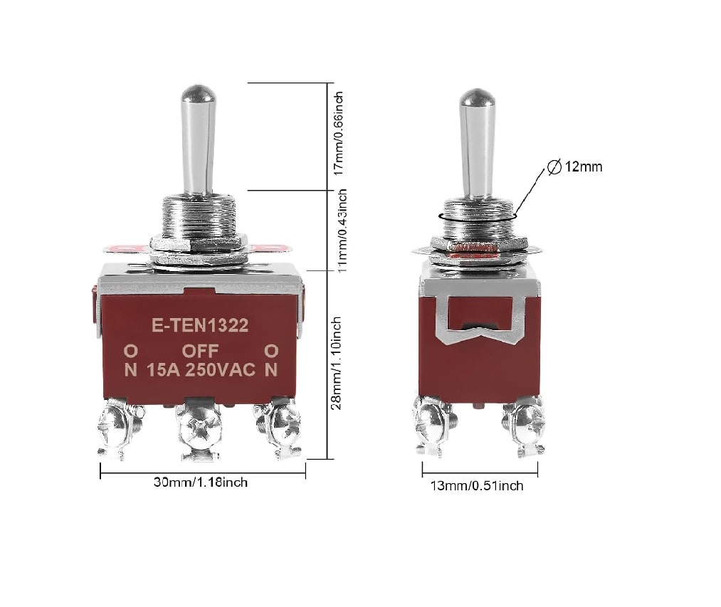 Interruptor Palanca On-Off-On 6P 15A 250Vac N E-TEN13226