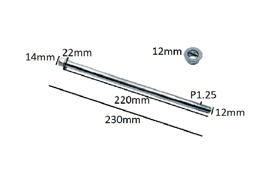 Perno Eje Rueda 12x230mm P1.25 c/Tuerca11