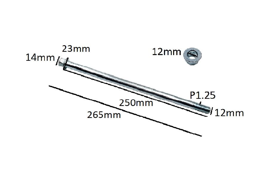 Perno Eje Rueda 12x265mm P1.25 c/Tuerca2
