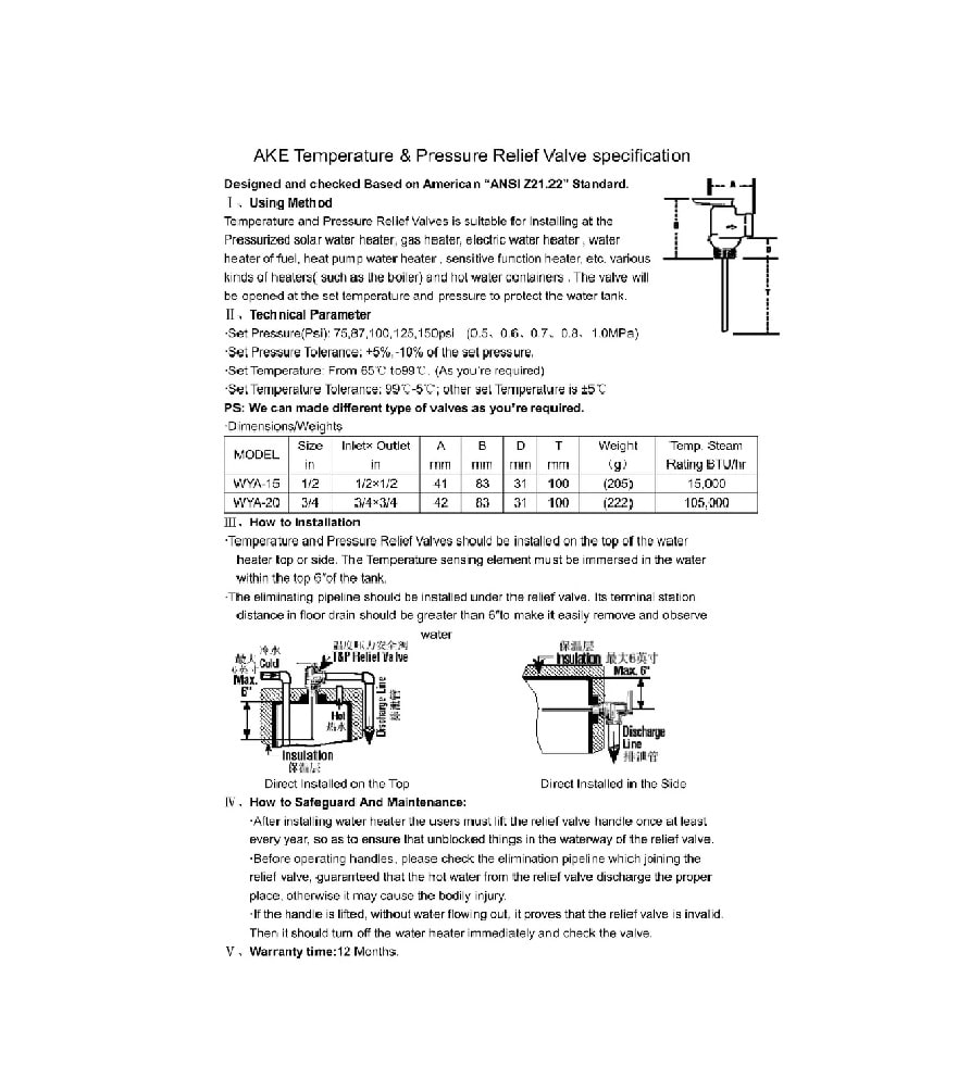 Válvula Seguridad Presión Temperatura AKE WYA-15 SIZE 1/2''6