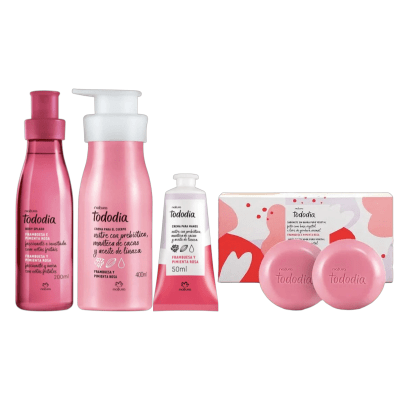 KIT FRAMBUESA Y PIMIENTA ROSA TODODIA BODY SPLASH + CREMA CORPORAL + CREMA MANOS + JABONES 2 UND1