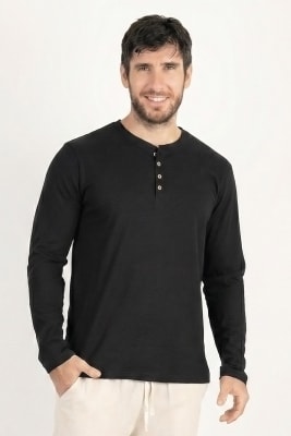 Polo de Bambu Pima Henley manga larga hombre black1