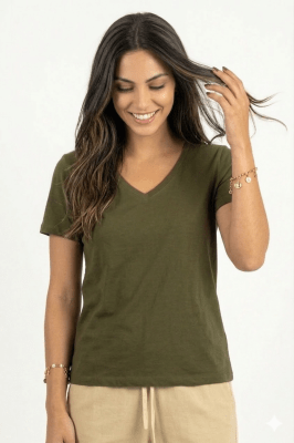 Polo de Bambu Pima cuello V manga corta mujer dark moss1