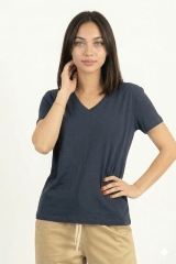 Polo de Bambu Pima cuello V manga corta mujer pacific blue