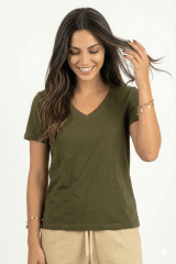 Polo de Bambu Pima cuello V manga corta mujer dark moss