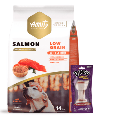 Amity Low grain salmon 14Kg + dingo medium bone 65g (1und)