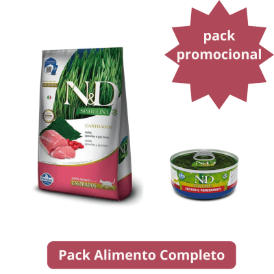 N&D spirulina Cerdo gato castrado 7Kg + N&D Lata Prime Adulto Pollo y Granada 70 grs1