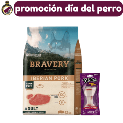 Bravery Adulto M-L Iberian Pork 12Kg + Dingo Large Bone 90g. de regalo1