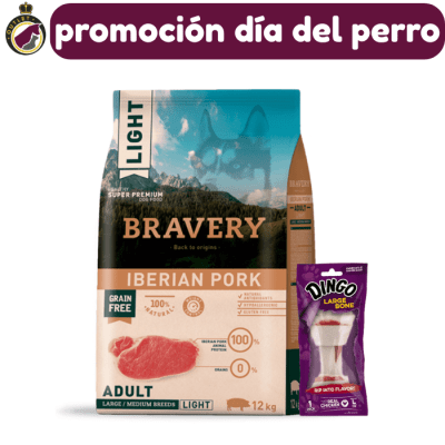 Bravery Adulto M-L Light Iberian Pork 12Kg + Dingo Large Bone 90g.1