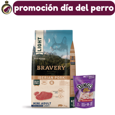 Bravery Mini Adulto Iberian Pork Light 7Kg + Dingo mini Bones 70g. de regalo1