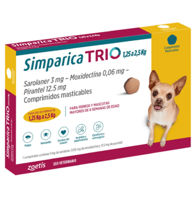 Simparica Trio 5 Mg. para perros entre 1,25kg a 2,5 kg (1 Tab)