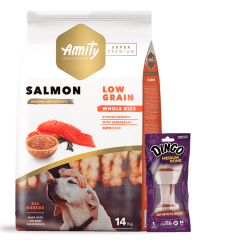 Amity Low grain salmon 14Kg + dingo medium bone 65g (1und)