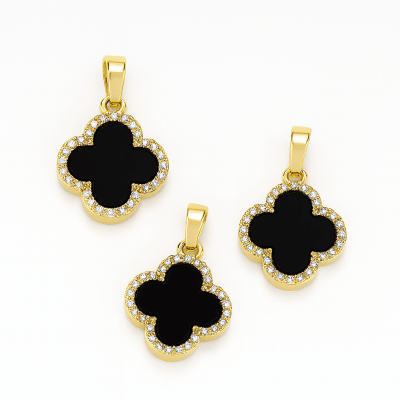 Colgante Trébol Cuatrifolio Baño Oro 18k Negro Blanco (Unidad)1