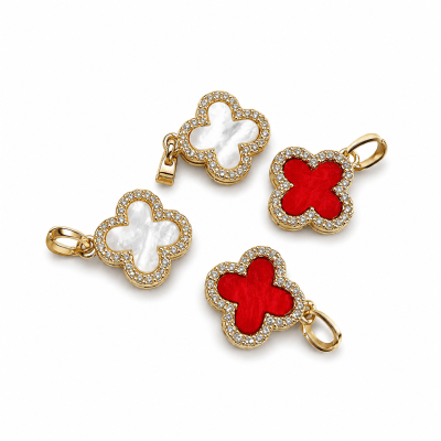 Colgante Trébol Cuatrifolio Baño Oro 18k Blanco Rojo (Unidad)
