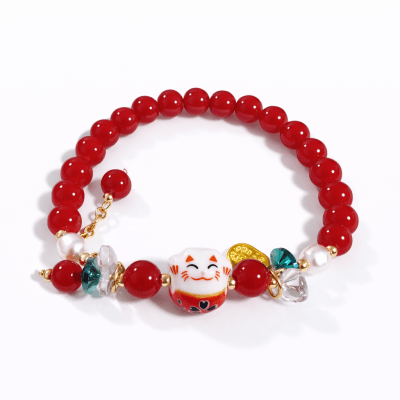 Pulsera Vidrio Rojo Llama Dinero-Maneki Neko Elásticada 8mm (Unidad)