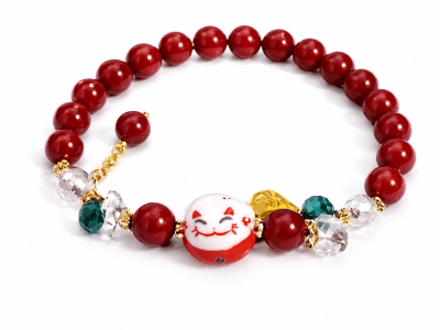 Pulsera Vidrio Rojo Opaco Llama Dinero-Maneki Neko Elásticada 8mm (Unidad)