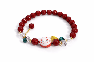 Pulsera Vidrio Rojo Opaco Llama Dinero-Maneki Neko Elásticada 8mm (Unidad)1