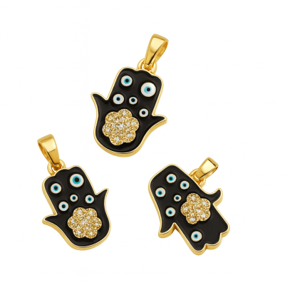 Colgante Mano Fatima Ojo Turco Negro Baño Oro 18k (Unidad)