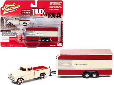 Chevy Camaro 1955 with Enclosed Car Trailer Bombay Ivory Truck and Trailer - Johnny Lightning1