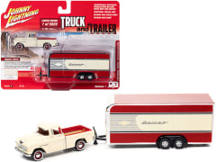 Chevy Camaro 1955 with Enclosed Car Trailer Bombay Ivory Truck and Trailer - Johnny Lightning