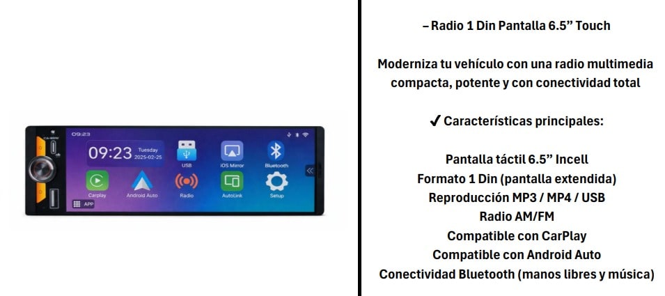 RADIO 1 DIN PANTALLA 6,5P TOUCH2