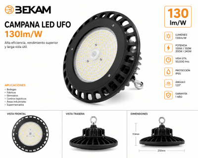 CAMPANA LED TIPO UFO 100W 26000LM 220VAC IP65 LUZ FRIA