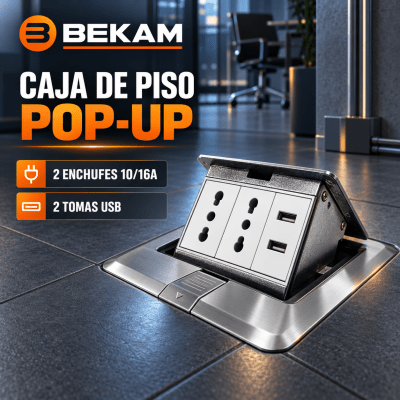 CAJA DE PISO METALICA 2 ENCHUFES 10/16A + 2 TOMA USB1