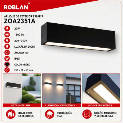 APLIQUE DE EXTERIOR DE PARED NEGRO 22W IP65